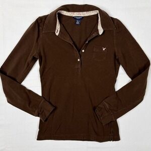 Vintage Y2K American Eagle Top XS Long Sleeve Floral Trim Polo Shirt‎ Brown